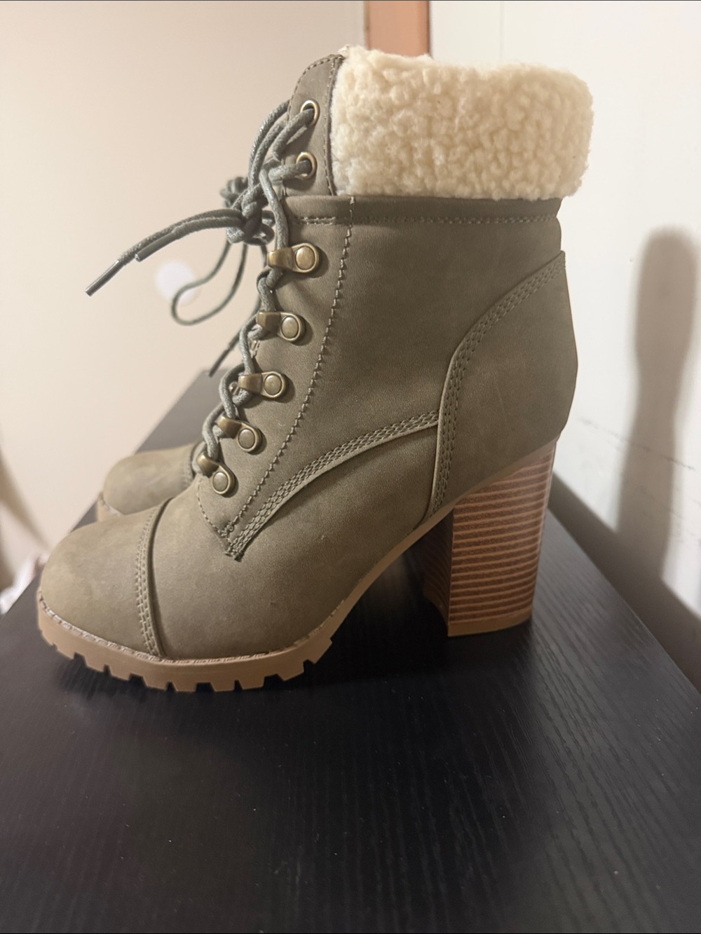 Sugar Olive Lace-Up Faux Shearling Block Heel Boots